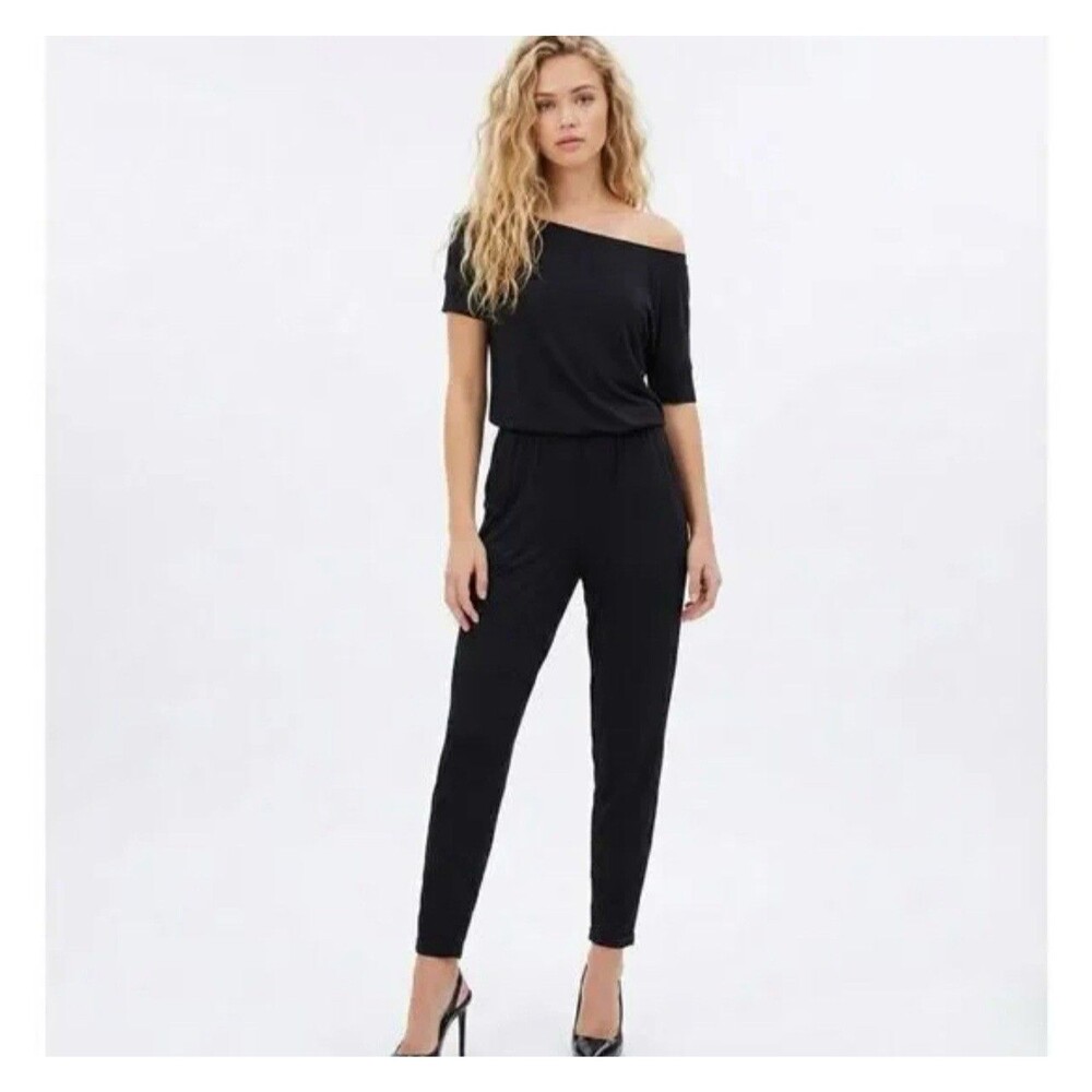 NEW WITH TAGS Michael Stars Black Jumpsuit XS Luxe Jersey Off Shoulder Romper